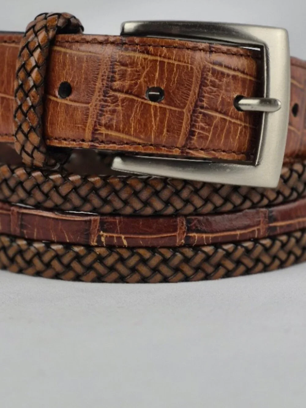 Brighton Braided Two Tone Leather Belt with Moc Croc Accents